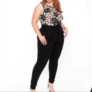 PLUS SIZE BURN OUT FLOCKED JUMPSUIT - BLACK
